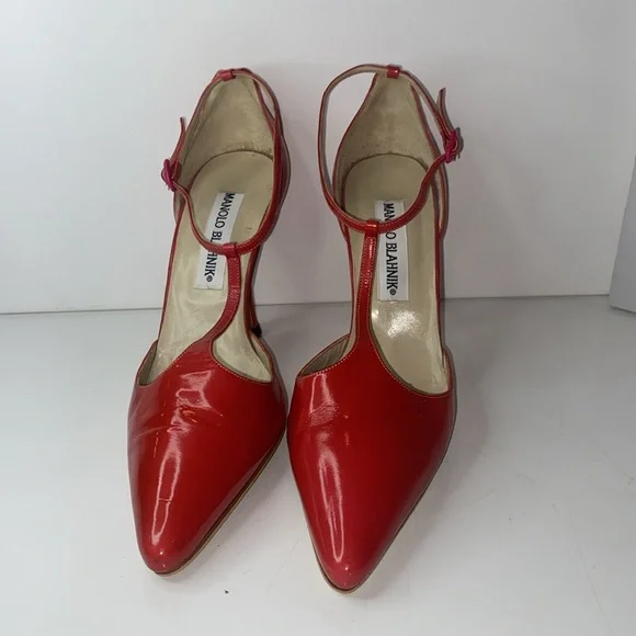 Manolo Blahnik Sexy Red Patent Leather T-Strap Heels to Dance all nite! VGUC 36 - Picture 5 of 15